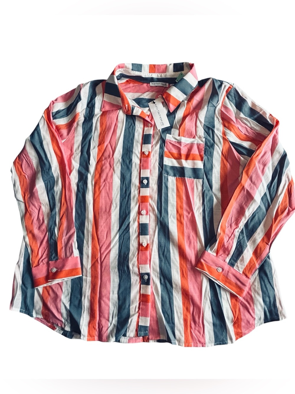 Notations Coral & Navy Vertical Stripe Button-Down Shirt
